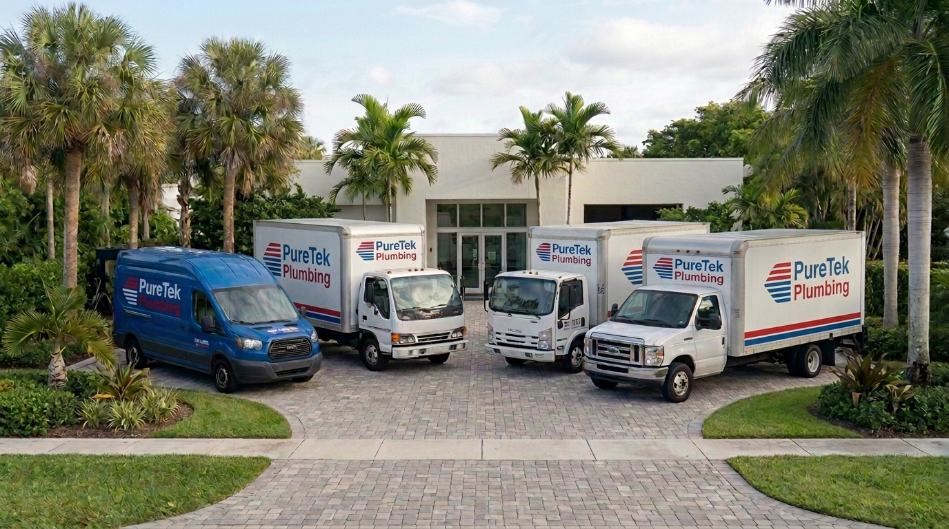 Three different white PureTek Plumbing box trucks and one blue service van at a palm-lined Florida company entrance